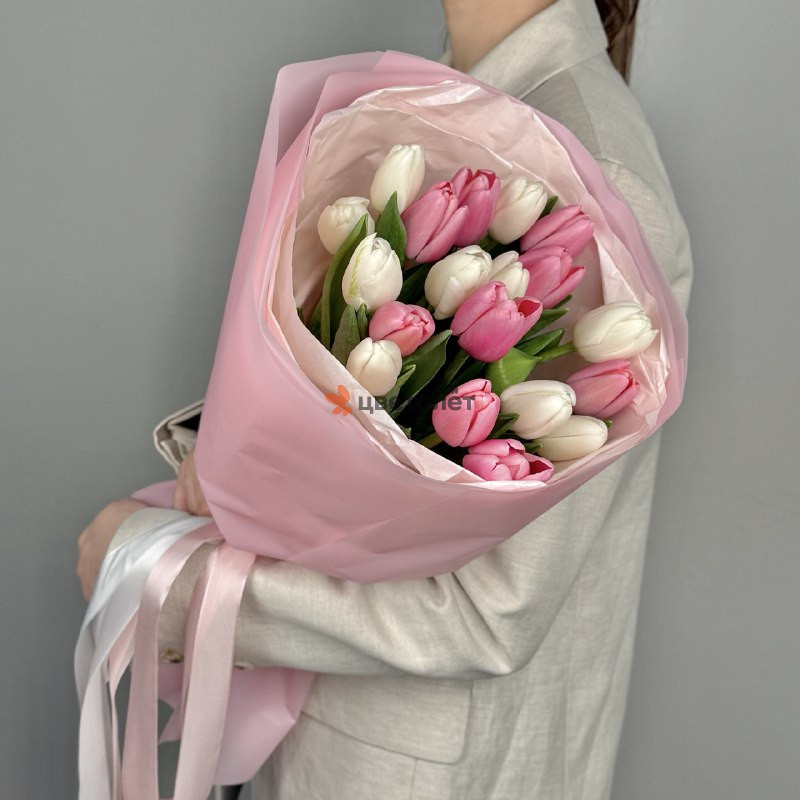 Бело-розовый микс тюльпанов, 19 шт